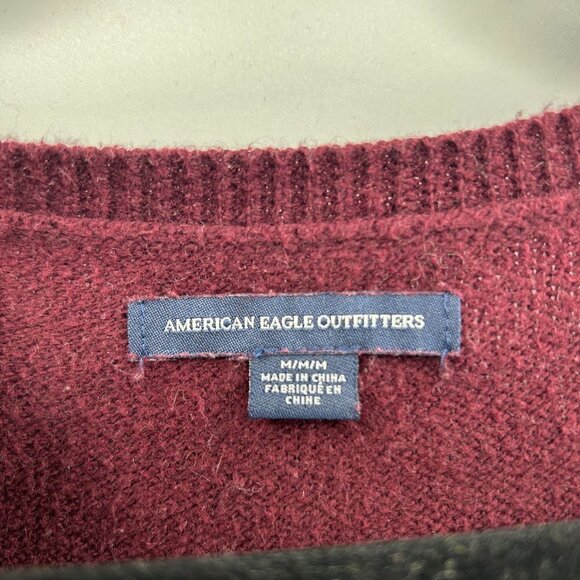 AMERICAN EAGLE Burgundy Varsity Stripe Wool Blend Crew Neck Knit Sweater Medium - Picture 4 of 5